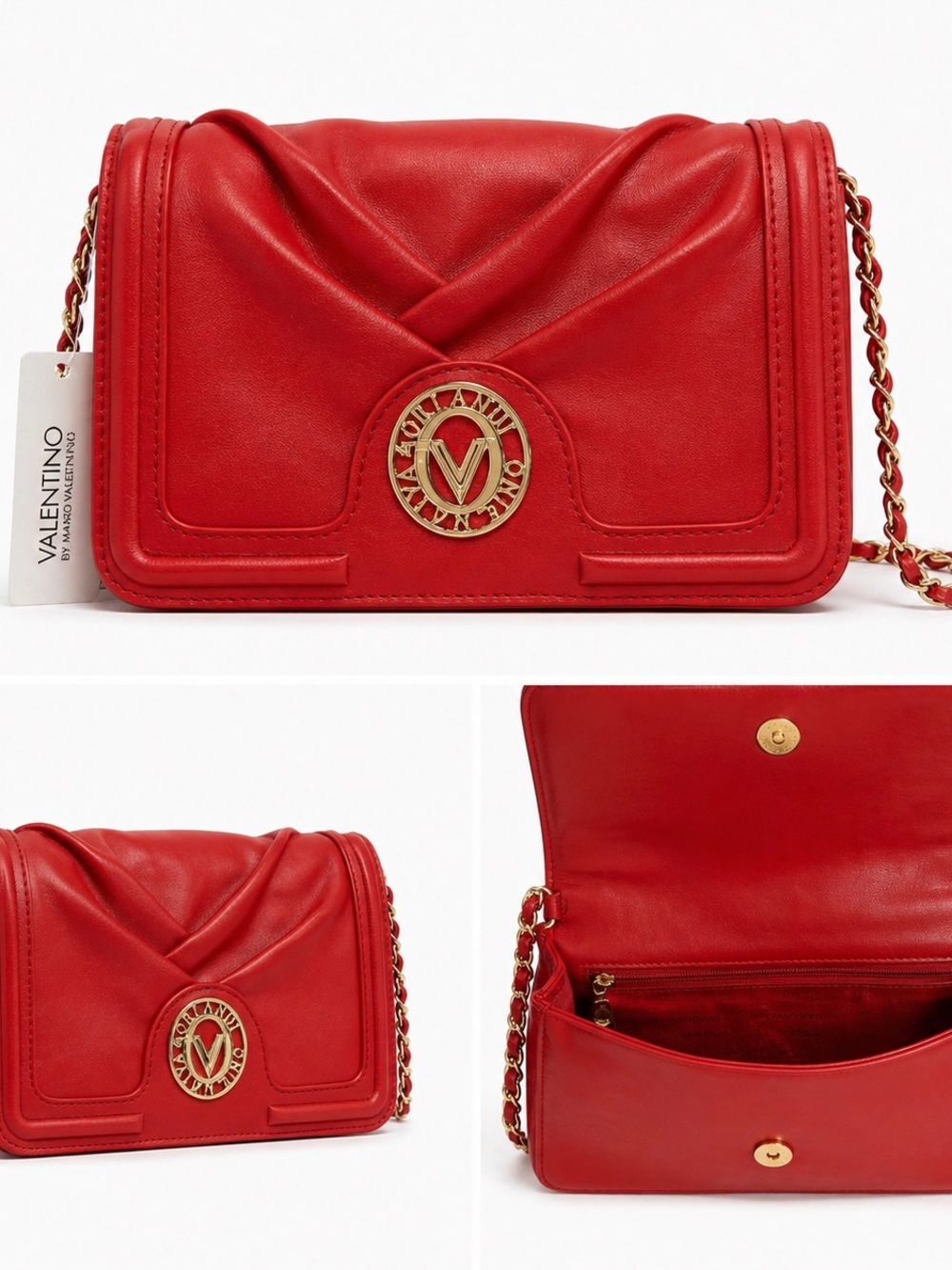 Valentino Red Leather V-Circle Chain Strap Crossbody